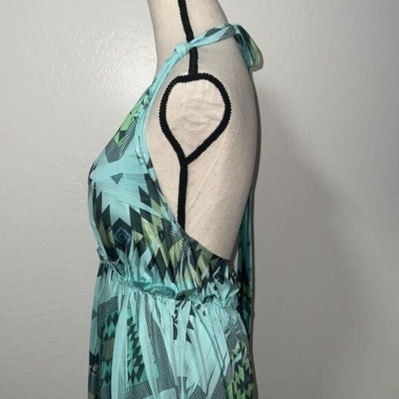 Tera Fashion Boho-Inspired Halter Maxi Dress Aztec Light Blue & Green Size M - Picture 5 of 10